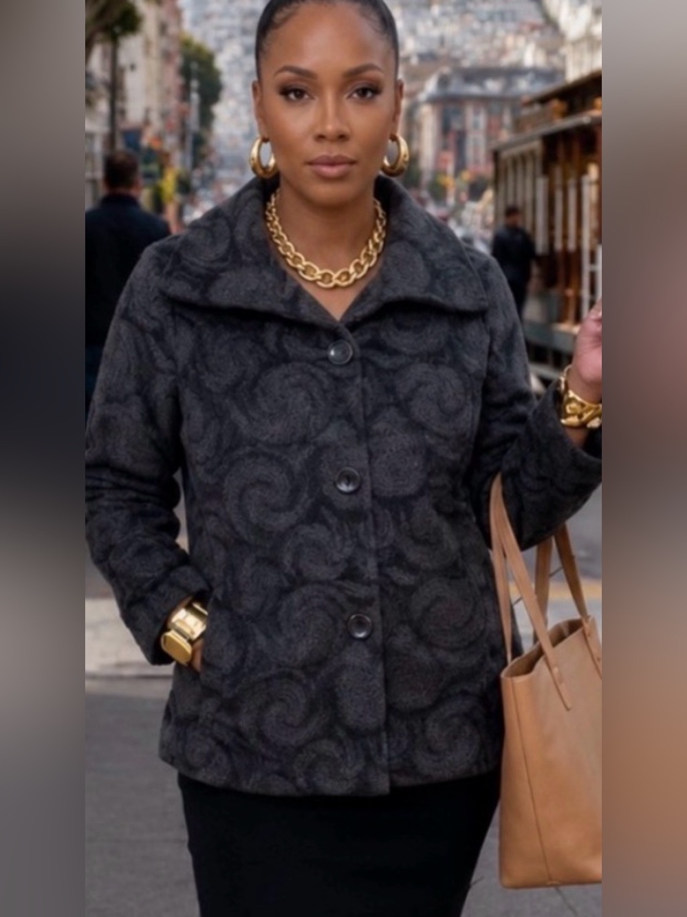 JM Collection Charcoal Swirl Pattern Button-Up Jacket